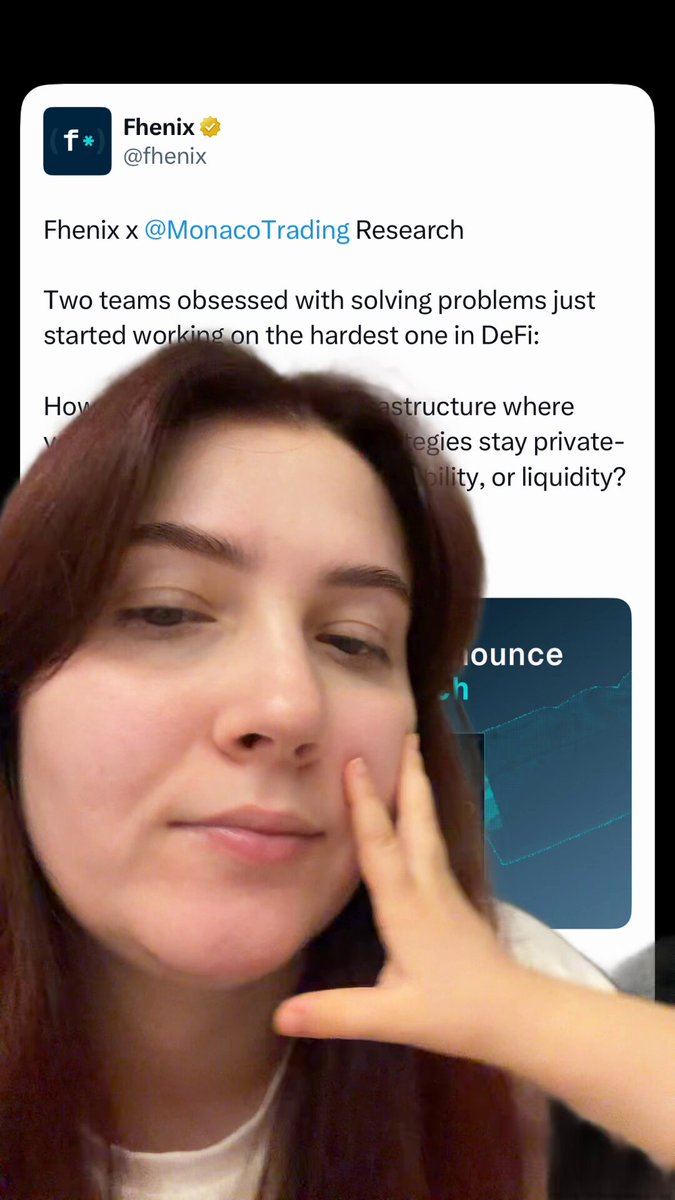 The image shows a woman with long brown hair, who appears to be making a funny face or gesture as she looks at her phone screen. The photo has been edited to include text that reads "wanted to tell you about cool partnership we just announced but the circumstances were against me so pls go check it out yourself here @fhenix". This suggests that there might have been an issue with a recent post on social media, possibly related to the partnership or content being shared.

The woman is wearing a white shirt and has her hand placed over her face in a playful manner. The image also contains text about "two teams were closed out with solving problems just started work on the hardest one in DFi". This could be an indication of a failed project, partnership, or collaboration that led to the decision to close down the venture.