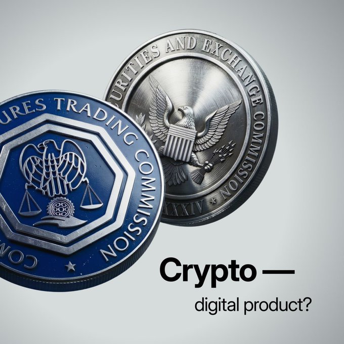 Two metallic coins are displayed: one silver with an eagle emblem reading 'SECURITIES AND EXCHANGE COMMISSION', and a blue one reading 'COMMODITIES TRADING COMMISSION', with text 'Crypto — digital product?' below.