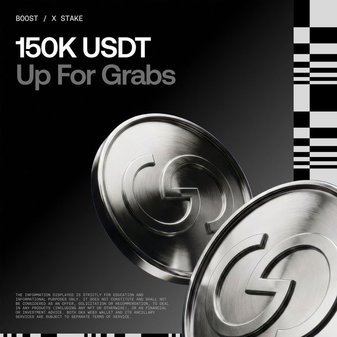 A promotional graphic by Boost and X Stake announces "150K USDT Up For Grabs," featuring two large metallic coins with a stylized "G" logo against a dark background with checkered accents, paired with a disclaimer noting the content is informational and not financial advice from OKX Web3 Wallet and its services.