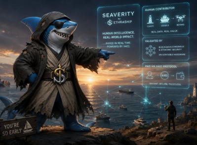A promotional image for 'Seaverity' (an Ethiraship project) featuring a hooded shark character pointing at an ocean sunset, with text panels describing real-time AI human contributor protocols and a humorous 'You're so early' sign.