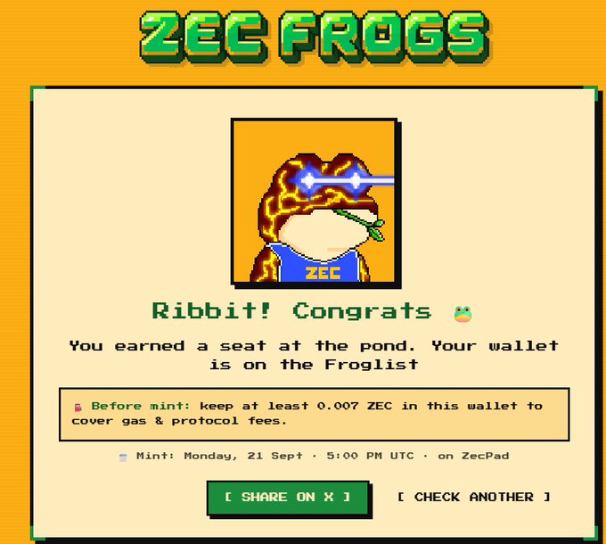 A retro-styled web page titled 'ZEC FROGS' announces a successful mint with the text 'Ribbit! Congrats', stating the user earned a seat at the pond and is on the Froglist, with a mint scheduled for Monday, 21 Sept at 5:00 PM UTC on ZecPad.