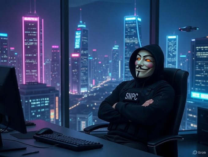The image features a man sitting at a desk with his arms crossed, wearing a mask that resembles a famous meme character. The background shows a city skyline at night, which adds an urban atmosphere to the scene. The caption of the image reads "$NPC WEEKLY RECAP $", indicating it is related to the popular meme character, "@NonPlayableCoin".