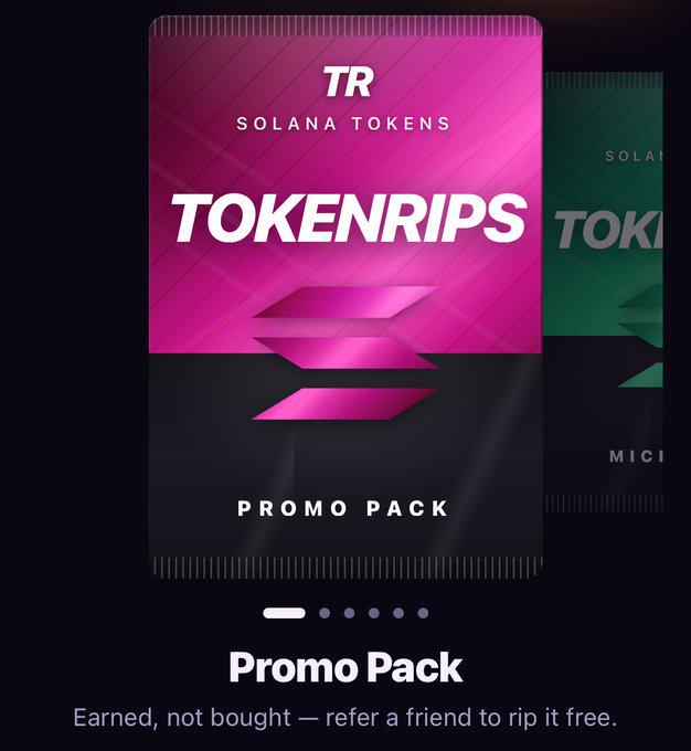 A promotional graphic for 'TOKENRIPS Solana Tokens Promo Pack' featuring pink and black card designs with the text 'Earned, not bought — refer a friend to rip it free.'