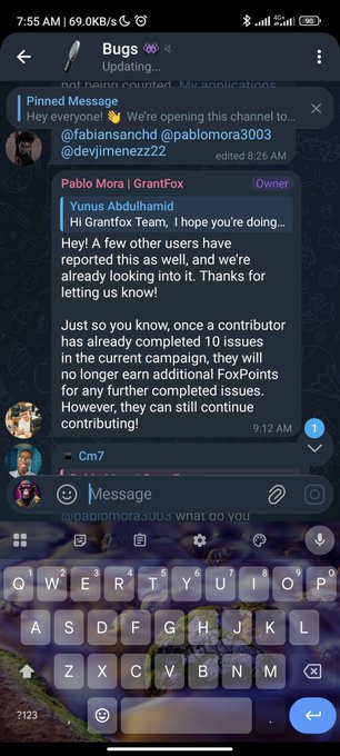 A Telegram chat screenshot showing the "Bugs" channel with a pinned message from Pablo Mora explaining that GrantFox campaign contributors who complete 10 issues will no longer earn additional FoxPoints but can still continue contributing, directly illustrating the post's notice about the FoxPoint cap.
