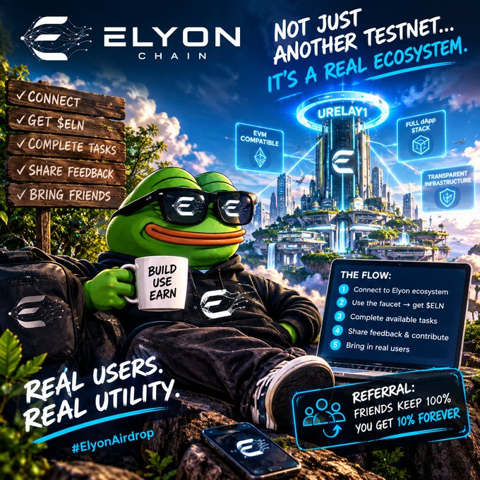 Promotional graphic for 'Elyon Chain' featuring a cartoon frog in sunglasses holding a 'Build Use Earn' mug, advertising a testnet ecosystem with text including 'Not Just Another Testnet... It's a Real Ecosystem' and 'ElyonAirdrop'.