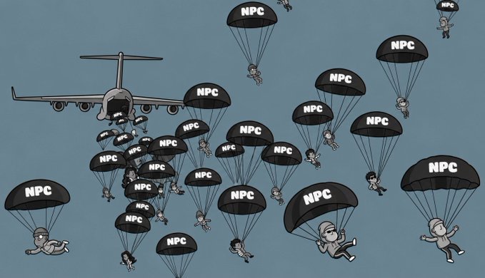 A satirical cartoon depicting people parachuting from an airplane, with all parachutes labeled 'NPC' instead of having distinctive designs.