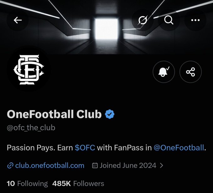 The Twitter/X profile page for 'OneFootball Club (@ofc_the_club)' with bio 'Passion Pays. Earn $OFC with FanPass in @OneFootball.', 485K followers, joined June 2024.