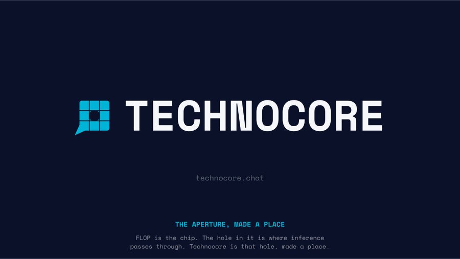 A dark navy banner displays the "TECHNOCORE" logo in white capital letters next to a small cyan square grid icon, with "technocore.chat" listed below and footer text reading "THE APERTURE, MADE A PLACE / FLOP is the chip. The hole in it is where inference passes through. Technocore is that hole, made a place." The accompanying post explains that the brand's mark is the speech-bubble-shaped aperture formed by nine blocks in the $FLOP chip's grid.