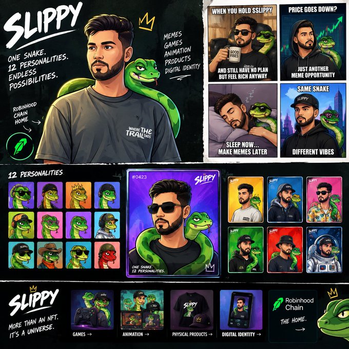 A promotional collage for 'SLIPPY' - a meme coin/NFT project featuring a man with a cartoon snake, branding it as 'ONE SNAKE. 12 PERSONALITIES. ENDLESS POSSIBILITIES.' with categories for memes, games, animation, products, and digital identity on Robinhood Chain.