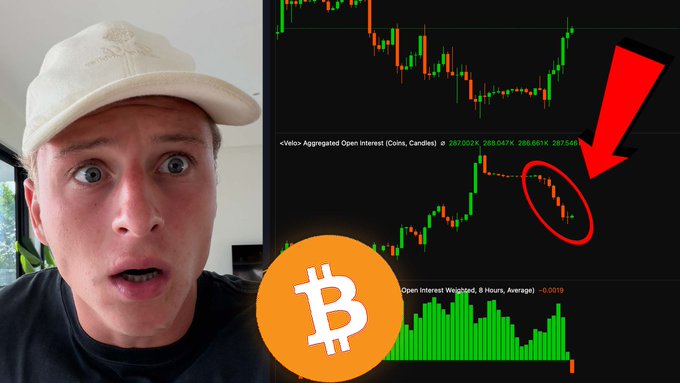 A man with a shocked expression wears a cap next to a Bitcoin price chart showing a sharp red candle circled and highlighted by a red arrow, illustrating the "massive Bitcoin trap" warning referenced in the post.