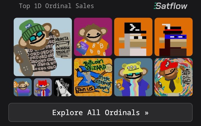 A webpage showing 'Top 1D Ordinal Sales' on Satflow, featuring a grid of various colorful pixel art and cartoon character NFTs with a 'Explore All Ordinals »' button.