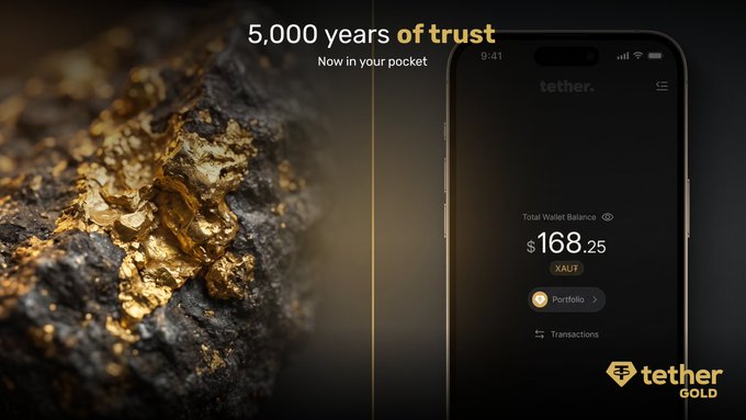 An advertisement for Tether Gold (XAUT) featuring the tagline '5,000 years of trust, Now in your pocket,' showing gold nuggets alongside a smartphone displaying a wallet balance of $168.25.