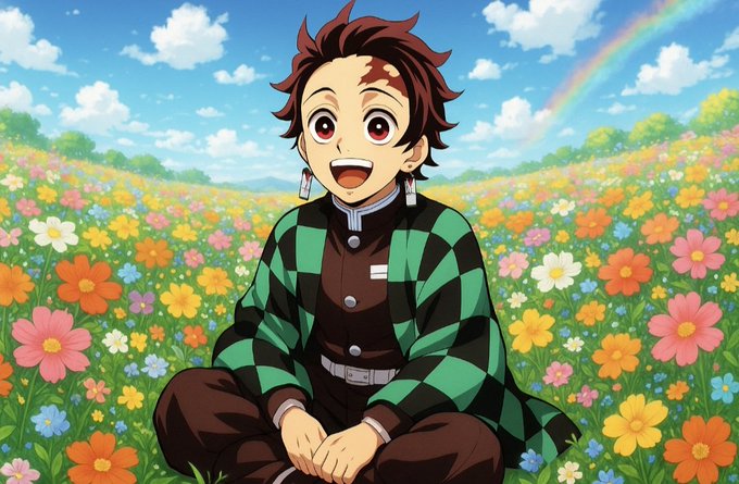 An anime-style illustration of a character with reddish hair wearing a green and black checkered haori, sitting happily in a vibrant flower field beneath a rainbow.