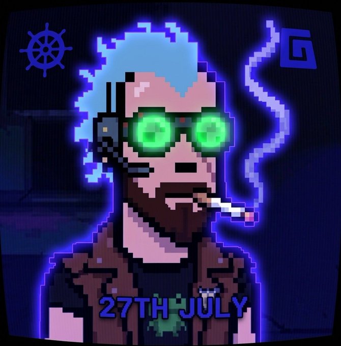 A pixel art style portrait of a bearded man with glowing green dollar-sign sunglasses, a cigarette in his mouth, and blue hair, with '27TH JULY' text and a ship's wheel symbol on a dark background.