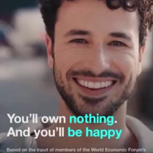 The image shows a smiling man with the caption "You'll own nothing. And you'll be happy" alongside smaller text noting it's "Based on the input of members of the World Economic Forum's," serving as a satirical critique of future economic predictions being repurposed ironically to promote Uniswap's 0.05% LP fee earnings opportunity.