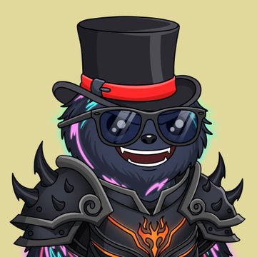A cartoon illustration of a cute black furry character wearing a top hat with a red band, sunglasses, and spiked dark armor with orange flame details on the chest.