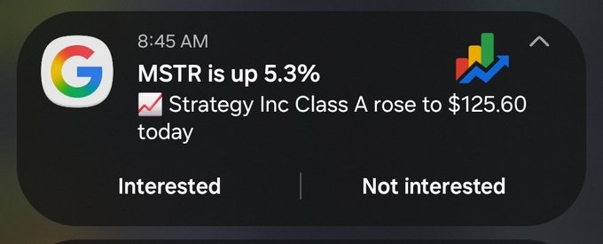 A Google stock notification showing "MSTR is up 5.3%" at 8:45 AM, with details "Strategy Inc Class A rose to $125.60 today" and buttons for "Interested" or "Not interested."