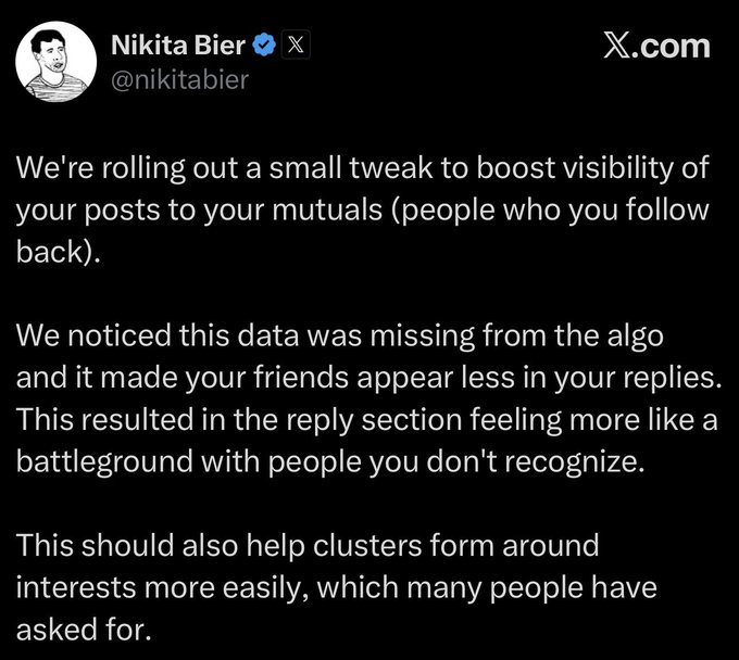 A tweet from Nikita Bier (@nikitabier) on X.com announcing a tweak to boost post visibility among mutual followers, noting the change should reduce unfamiliar accounts in replies and help interest-based clusters form. The post relates to platform fixes on X, consistent with "Hyperliquid Twitter is back now. Fixed."