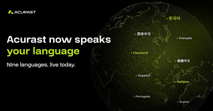 A promotional banner for 'ACURAST' that reads 'Acurast now speaks your language' and 'Nine languages, live today,' featuring a stylized globe with languages labeled including 한국어, 繁體中文, Français, Deutsch, Italiano, Español, Português, and 简体中文.