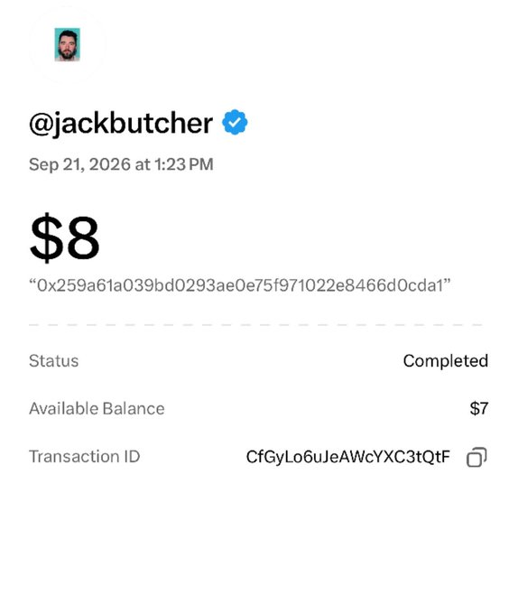 A transaction confirmation showing an $8 payment sent to @jackbutcher on Sep 21, 2026, with a completed status, available balance of $7, and transaction ID "CfGyLo6uJeAWcYXC3tQtF," illustrating the payment mentioned in the accompanying post celebrating being a @zorpians holder.