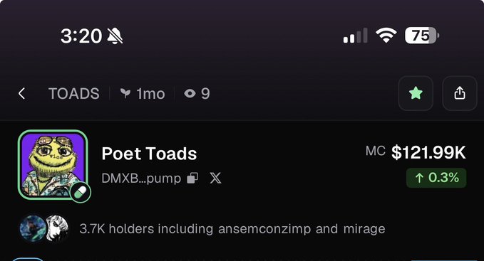 A mobile app screenshot showing a profile for 'Poet Toads' with a market cap of '$121.99K' and '3.7K holders including ansemconzimp and mirage'.