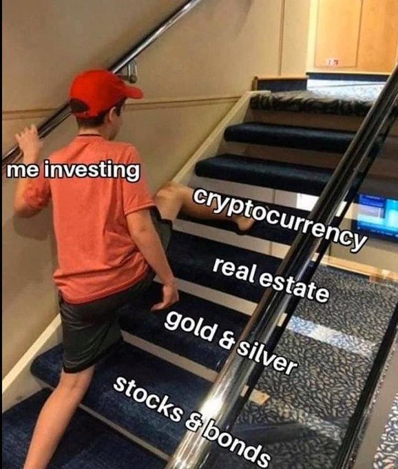 A person runs up a staircase labeled with various investment options (cryptocurrency, real estate, gold & silver, stocks & bonds), humorously captioned "me investing" — illustrating the chaotic rush to flip small amounts into millions.