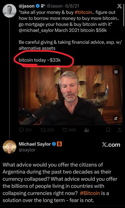 A screenshot of an X post by @jason from 6/8/21 quoting Michael Saylor advising to buy #bitcoin, with a circled note 'bitcoin today ~$33k' showing Saylor's video reply about #Bitcoin being a solution for citizens of Argentina.