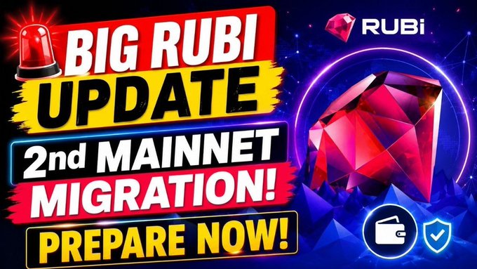 A promotional graphic announcing a "BIG RUBI UPDATE" with "2nd MAINNET MIGRATION! PREPARE NOW!" text, featuring a red Rubi cryptocurrency gem logo, wallet, and security shield icons alongside a flashing police siren alert. The image supports the post's message by visually urging Rubi network users to prepare for the upcoming second mainnet migration, likely by completing their KYC verification process.