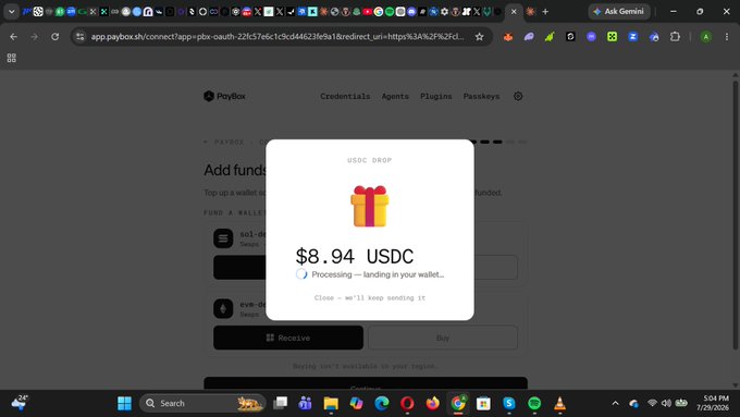 A screenshot of the Payabox.sh web interface displaying a 'USDC DROP' popup with a gift icon, showing $8.94 USDC being processed and landed in the user's wallet.