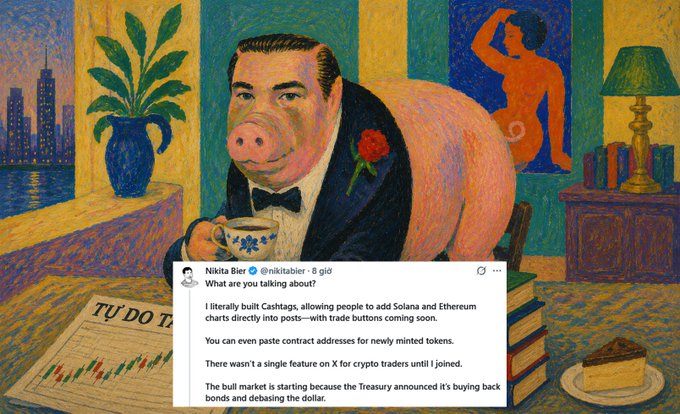 A tweet from Nikita Bier (@nikitabier) overlaid on a vibrant, post-impressionist-style painting of a pig in a tuxedo, with the post discussing new X features like Cashtags for Solana/Ethereum charts, upcoming trade buttons, and pasting token contract addresses.