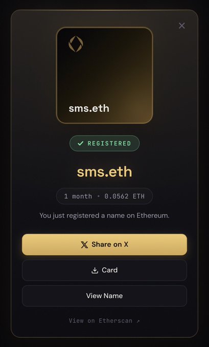 A registration confirmation screen for the Ethereum name service 'sms.eth' showing a 1-month registration for 0.0562 ETH, with options to share on X or view on Etherscan.