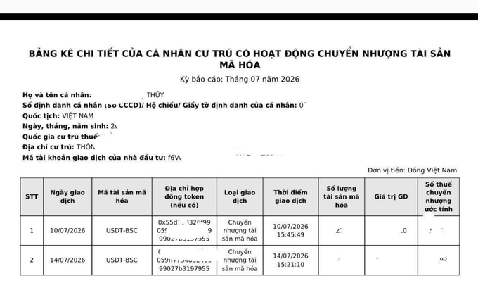 A Vietnamese cryptocurrency transaction report (BẢNG KÊ CHI TIẾT) for 'THỦY' showing transfers of USDT-BSC in July 2026.