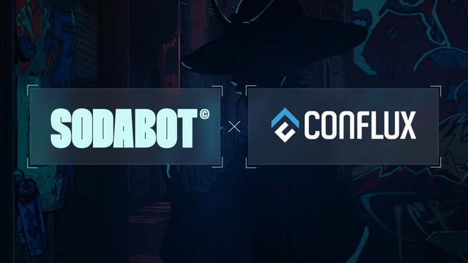 The image features a logo for SodaBot and Conflux, both of which are companies that have recently joined forces. The sodabot logo is blue with white text, while the conflux logo has a black background with white text. Both logos are displayed against a dark blue backdrop, creating a striking contrast. The text on the logos reads "SodaBot" followed by "Conflux", indicating their collaboration in the tech industry.