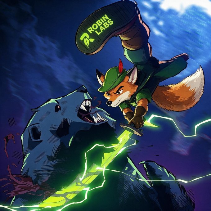 A dynamic illustration showing an anthropomorphic fox dressed as Robin Hood leaping through the air to stab a robotic beast with a glowing green sword, with the fox's boot displaying 'ROBIN LABS' logo.