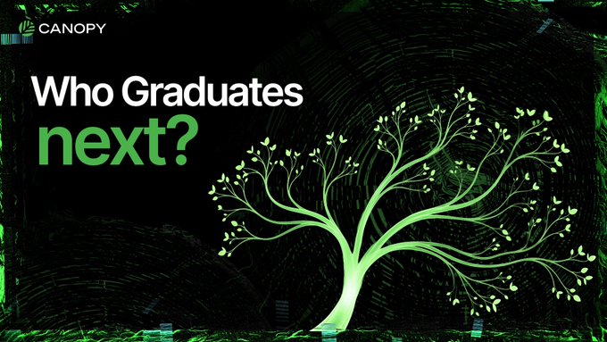 A dark digital graphic features the "CANOPY" logo and the text "Who Graduates next?" next to a glowing green tree with digital circuit patterns in the background.