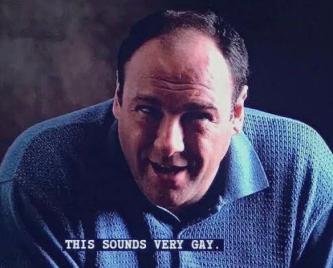 A man leans forward with a knowing smile, with caption text below reading 'THIS SOUNDS VERY GAY.'