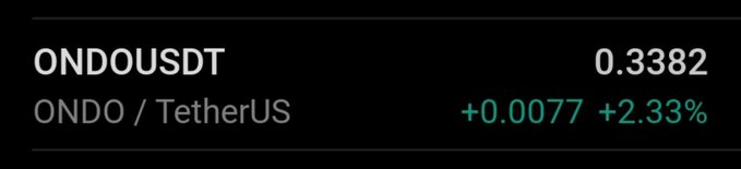 The image displays the ONDO/USDT (ONDOUSDT) trading pair at a price of 0.3382, up +0.0077 (+2.33%). This modest gain underscores the speculative tone of the post asking "Wen $ONDO $100?" — highlighting the vast gap between its current sub-dollar price and the ambitious $100 target.