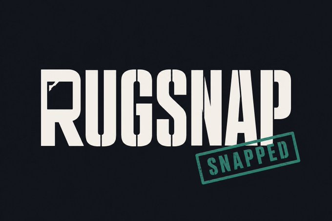 A bold logo displays the word "RUGSNAP" in stencil-style white lettering, with a small flag detail in the 'R', accompanied by a teal "SNAPPED" stamp on a black background.
