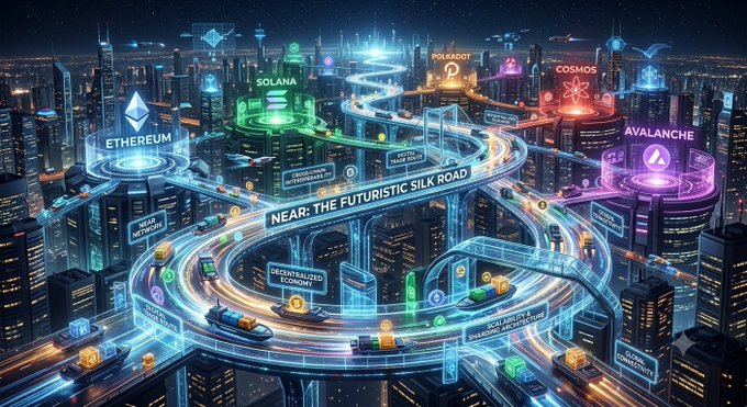 A futuristic neon-lit cityscape depicts interconnected blockchain highways, with glowing hubs labeled **ETHEREUM, SOLANA, POLKADOT, COSMOS, AVALANCHE, and NEAR: THE FUTURISTIC SILK ROAD** linked by luminous roads of digital vehicles. The image visually represents the post's message, illustrating NEAR Protocol as a central connector enabling seamless cross-chain movement in the Web3 ecosystem.