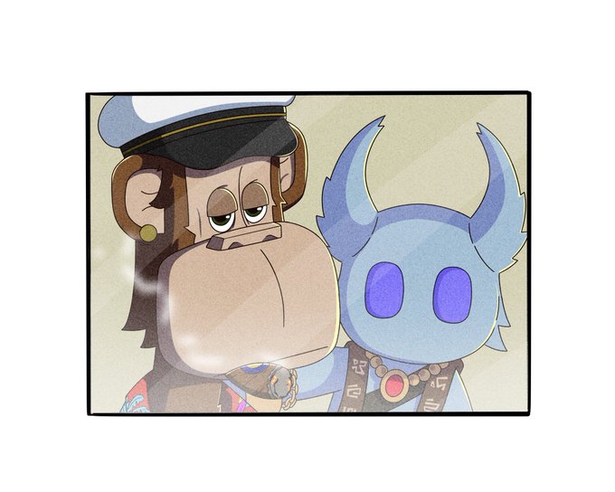 The image features a cartoon monkey wearing a hat, with a blue horned monster next to him. They are both looking at the camera, creating an interesting scene that captures attention. The caption below the image reads "GM GM I absolutely love the @BoredApeYC". This suggests that the post is likely related to the cartoon characters and their interaction in some way.