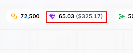 A screenshot showing a wallet or exchange dashboard where a user received a reward of 65.03 tokens (valued at $325.17) in a purple diamond icon, alongside a balance of 72,500 and a partial send button, corresponding to the user's earnings from AlloX Season 1.