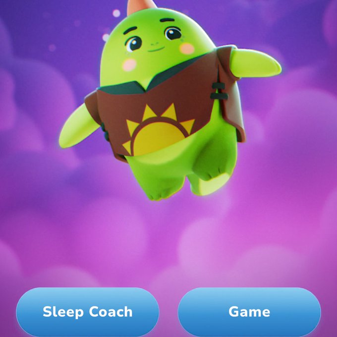 A green cartoon character with a small orange horn, wearing a brown vest with a yellow sun design, floating against a purple background above buttons labeled 'Sleep Coach' and 'Game'.