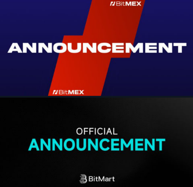A graphic featuring the BitMEX logo at the top with the word 'ANNOUNCEMENT' above a black section displaying 'OFFICIAL ANNOUNCEMENT' and the BitMart logo.