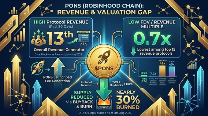 An infographic titled 'PONS (ROBINHOOD CHAIN): REVENUE & VALUATION GAP' showing PONS is the 13th overall revenue generator and has a 0.7x FDV/Revenue multiple, the lowest among top 15 revenue protocols, with ~28.5% supply burned.