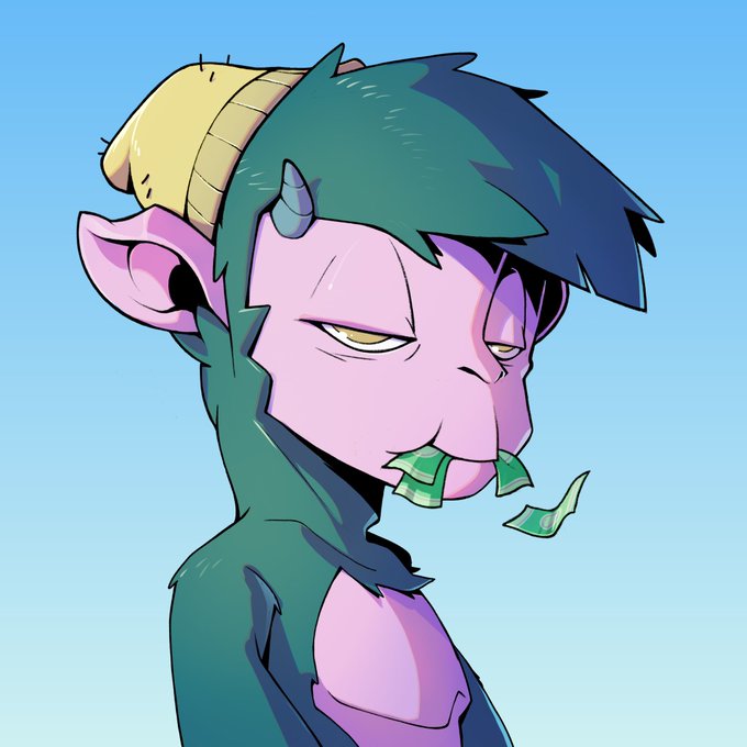 A cartoon illustration of a purple-skinned character with green hair, a small horn, pointed ears, and money in its mouth.
