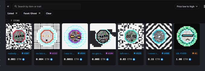 Screenshot of an NFT marketplace listing 7 items with the facet 'Ghost' filtered, showing pixelated ghost-themed avatars with prices ranging from 0.003 ETH to 1.00 ETH.