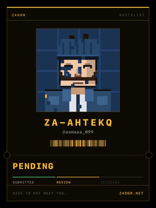 A pixel-art Zcash ID card displays "ZA-AHTEKQ" (@asmaaa_099) with a "PENDING" status bar progressing through "SUBMITTED," "REVIEW," and "DECISION" stages, alongside the tagline "NICE TO NOT MEET YOU" and zaddr.net branding—visually capturing the anonymous whitelisting process referenced in the post about applying for a Zcash address where art is public but the owner remains shielded by default.