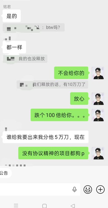 A Chinese messaging conversation where one user (green bubbles) reassures the other (gray bubbles) about a project, mentioning releasing 100,000 and stating '没有协议精神的项目都狗p' (projects without protocol spirit are bs).