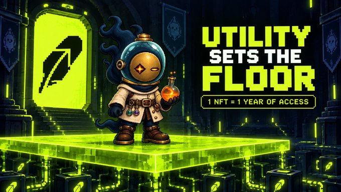 A promotional graphic with pixel-art style featuring a hooded character holding a glowing potion, with the text 'UTILITY SETS THE FLOOR' and '1 NFT = 1 YEAR OF ACCESS' against a green digital landscape.