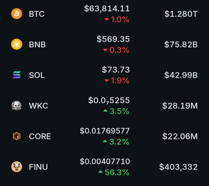 A cryptocurrency price tracker displaying market data for BTC ($63,814.11), BNB ($569.35), SOL ($73.73), WKC ($0.05255), CORE ($0.01769577), and FINU ($0.00407710) with their respective 24-hour percentage changes and market caps.